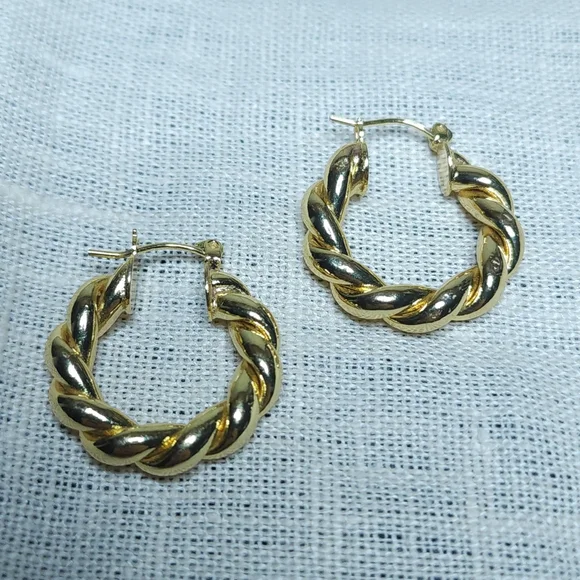 Vintage Gold Twist Twisted Hoop Earrings Modernist Wavy Chunky - Picture 2 of 7